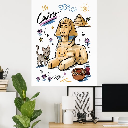 Süße Sphinx Kairo Ägypten Doodle-Kunst Poster (Heimbüro)