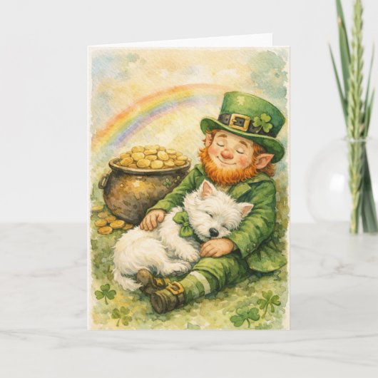 Süße St. Patrick's Day Westie & Leprechaun Karte (Vorderseite)