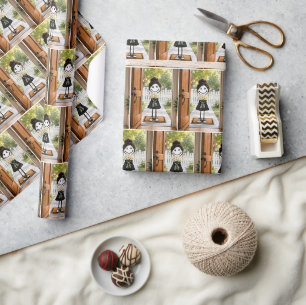 Süße Stäbchenfigur Mädchen mit Gänseblümchenstrauß Geschenkpapier