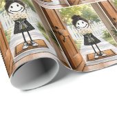 Süße Stäbchenfigur Mädchen mit Gänseblümchenstrauß Geschenkpapier (Rolleneckpunkt)