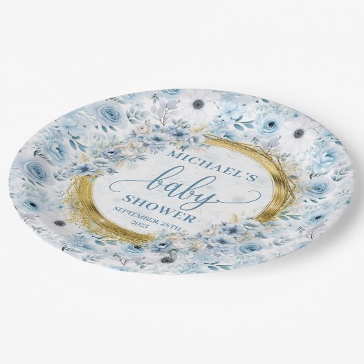Süße staubblaue Blumen Golddusche personalisiert Pappteller (Schrägansicht)