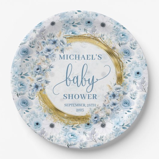 Süße staubblaue Blumen Golddusche personalisiert Pappteller (Vorderseite)