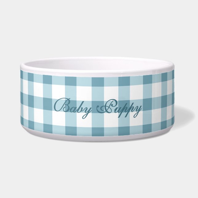 Süße staubblaue Gingham-Muster-Haustier-Schüssel Napf (Vorderseite)