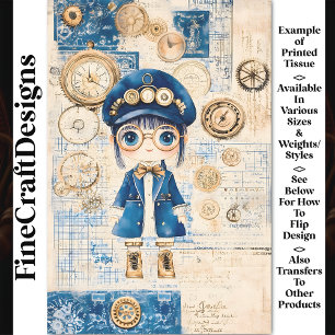 Süße Steampunk-Aquarell-Puppe, Blau BH8 Decoupage Seidenpapier
