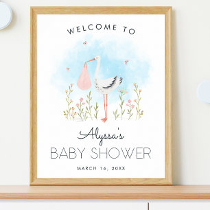 Süße Storch-Baby-Mädchen-Shower-Willkommen Poster