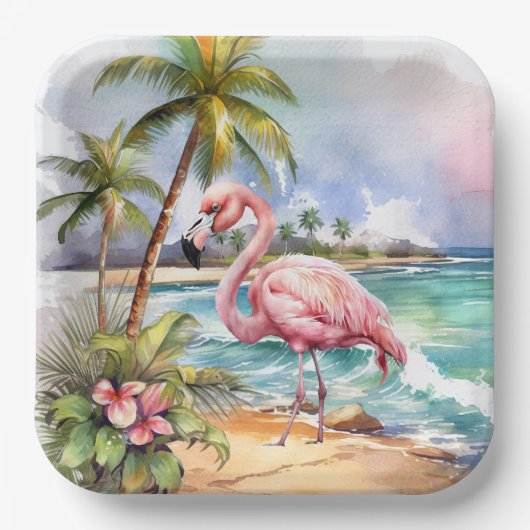 Süße Strandparty mit rosa Flamingos Pappteller (Vorderseite)