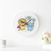 Süße Superhelden-Löwen- und Elefantenfreunde-Carto Große Wanduhr (Zuhause)
