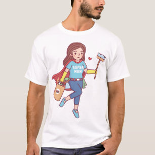 Süße Supermama mit Reinigungswerkzeugen und Lebens T-Shirt