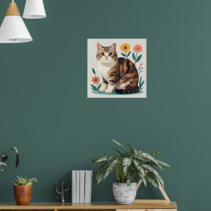 Süße Tabby-Katze Florale Folk-Art-Poster Whimsic Poster