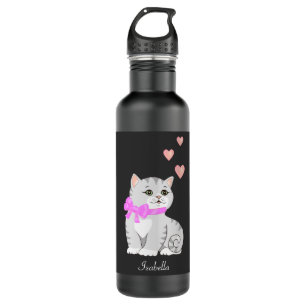 Süße Tabby-Katze und Herzen auf Schwarz Edelstahlflasche