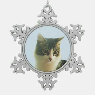 Süße Tabby-Katzen-Gesicht Schneeflocken Zinn-Ornament