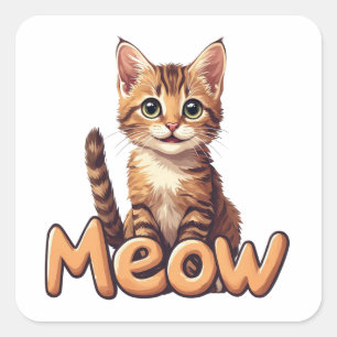 Süße Tabby-Katzen-Porträt mit Meow-Text für Spaß � Quadratischer Aufkleber
