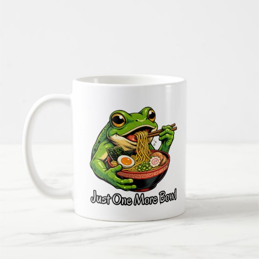 Süße Tasse mit Frosch, der Nudeln isst (Links)