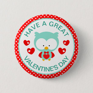 Süße Teal-Eule und Herzen Valentinstag Button