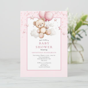 Süße Teddybär-Babyparty mit rosa Ballons Einladung
