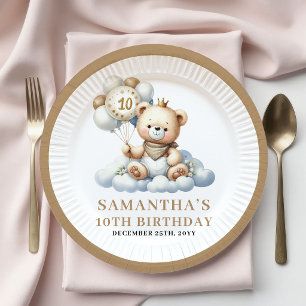Süße Teddybär-Goldballon-Teller zum 10. Geburtstag Pappteller