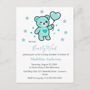 Süße Teddybär-Herz Blaue Babyparty-Einladung Postkarte