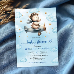 Süße Teddybär-Pilot Blau Gold Junge Babyparty-Einl Einladung