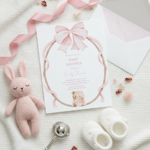Süße Teddybär & Rosa Schleife Baby Mädchen Shower Einladung