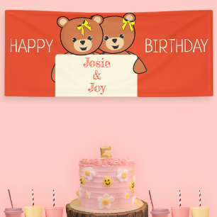 Süße Teddybär-Zwillinge Geburtstagsfeier Banner