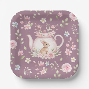 Süße Teekanne mit Häschen Rosa Blumen Frühling Pappteller