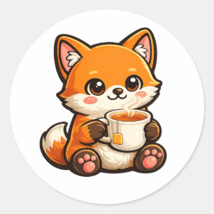 Süße Teeluchs-Illustration – Gemütlicher Fuchs bei Runder Aufkleber