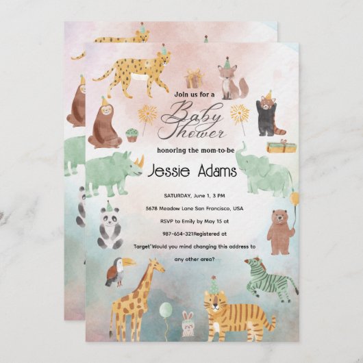 Süße Tier Baby Dusche Einladung (Vorne/Hinten)