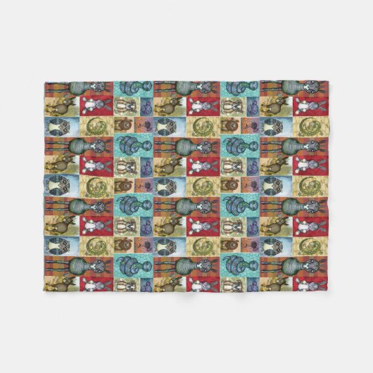 Süße Tier Collage Folk Art Design Fleecedecke (Vorderseite (Horizontal))