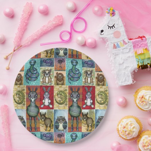 Süße Tier Collage Folk Art Design Pappteller (Party)