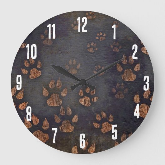 Süße Tier Dark Rustic Paw Print Pattern Große Wanduhr (Vorderseite)