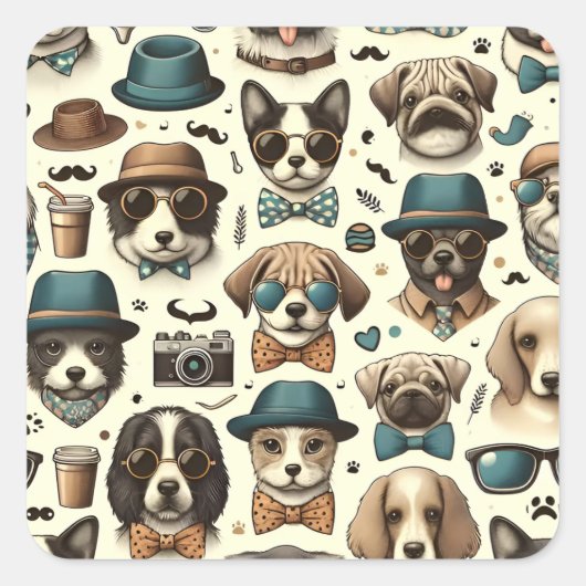 Süße Tier-Designs Nahtlose Hunde- und Katzenmuster Quadratischer Aufkleber (Vorderseite)