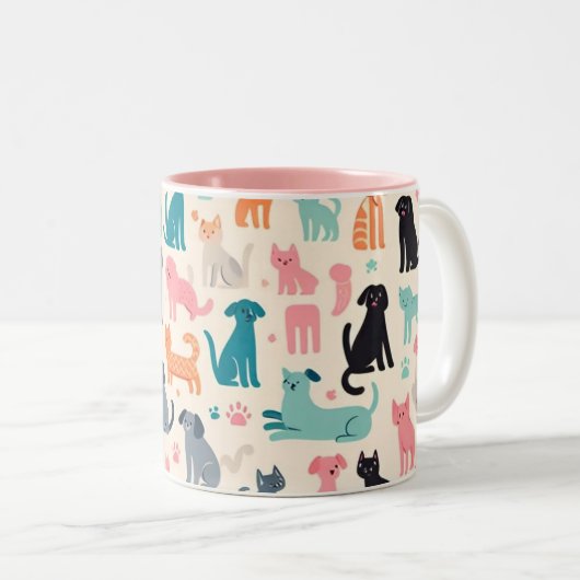 Süße Tier-Designs Nahtlose Hunde- und Katzenmuster Zweifarbige Tasse (VorderseiteRechts)