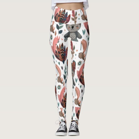 süße Tier-Florale und Blätter Muster doodle Kunst Leggings (Vorderseite)