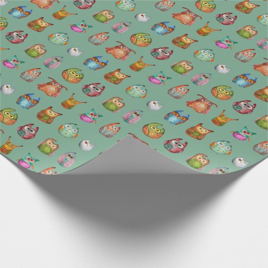 Süße Tier Hübsche Wasserfarben Owles Grün Geschenkpapier (Ecke)
