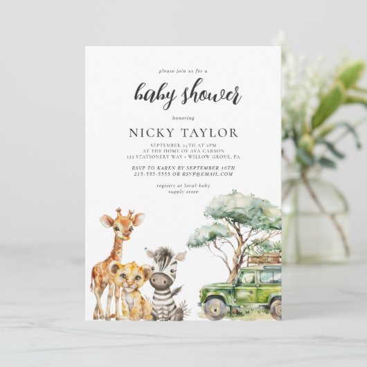 Süße Tier Kinderzimmer Safari Babydusche Einladung (Stehend Vorderseite)