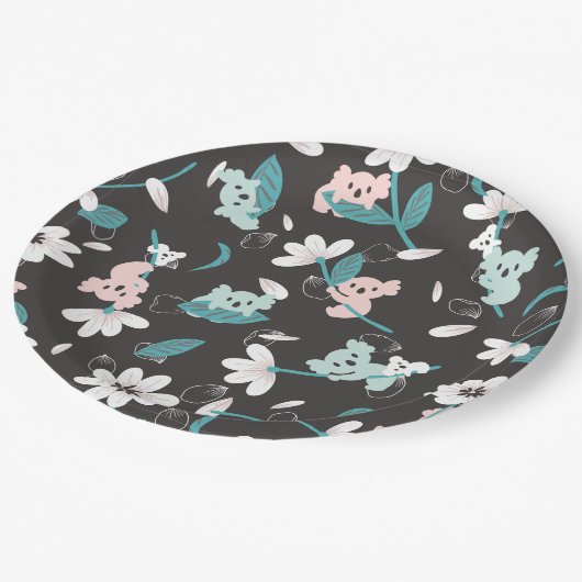 Süße Tier mit farbenfrohen Koala-Mustern und Blume Pappteller (Schrägansicht)