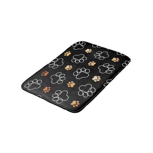 Süße Tier Paw Print Pattern Schwarzes Gold Badematte (Schrägansicht)