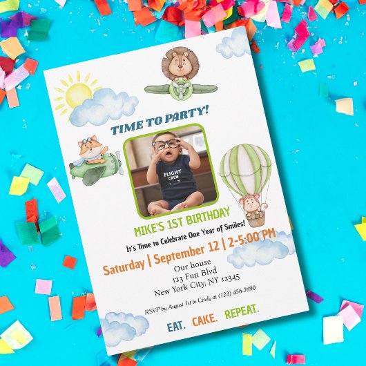 Süße Tier Piloten, Foto, Reise Erster Geburtstag Einladung