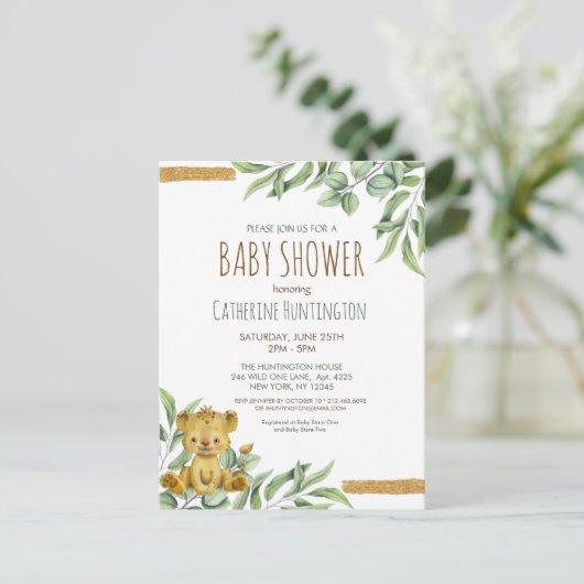Süße Tier Safari Jungle Lion Baby Dusche Invita Postkarte (Stehend Vorderseite)