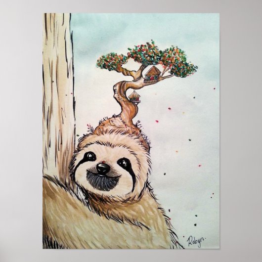 Süße Tier Sloth mit Bonsai Tree House Poster (Vorne)