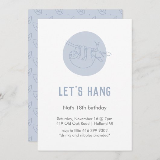 Süße Tier Sloth Simple Modern Blue Birthday Einladung (Vorne/Hinten)