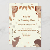Süße Tier Thema Erster Geburtstag Einladung (Vorne/Hinten)