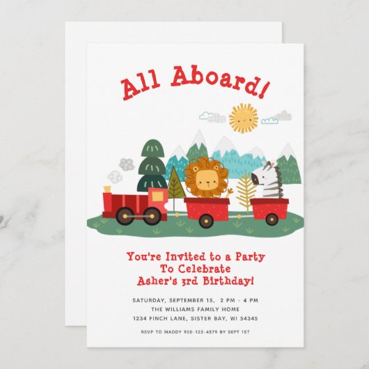 Süße Tier Train Birthday Party Einladung (Vorne/Hinten)