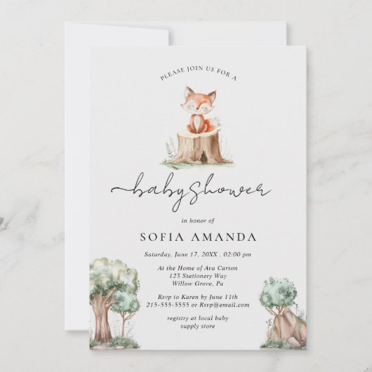Süße Tier Woodland Fox Babydusche Einladung (Vorderseite)