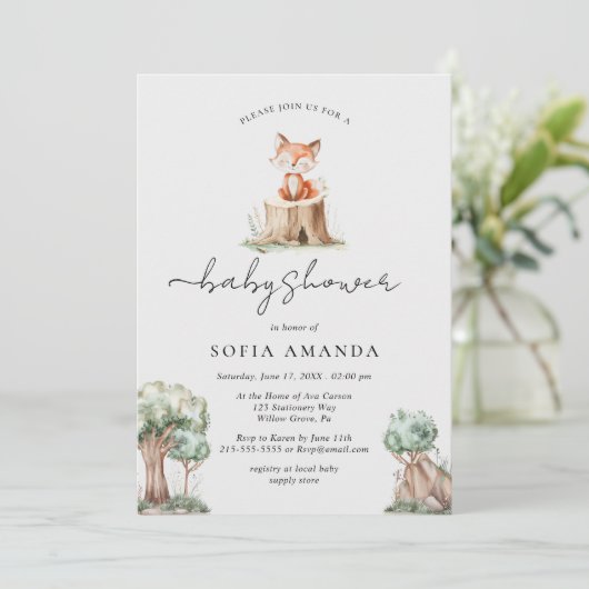 Süße Tier Woodland Fox Babydusche Einladung (Stehend Vorderseite)