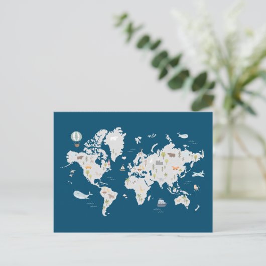 Süße Tier World Map Postkarte (Stehend Vorderseite)