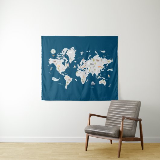 Süße Tier World Map Wandteppich (Beispiel (Horizontal))