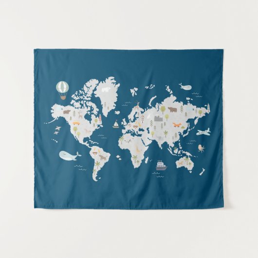 Süße Tier World Map Wandteppich (Vorderseite (Horizontal))