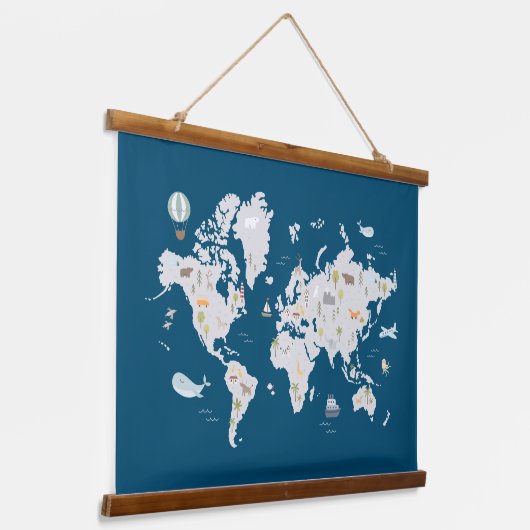 Süße Tier World Map Wandteppich Mit Holzrahmen (Gewinkelt)
