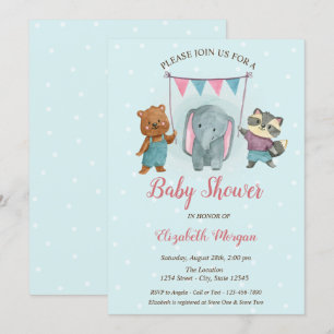 Süße Tiere, Baby Shower mit blauen Punkten Einladung